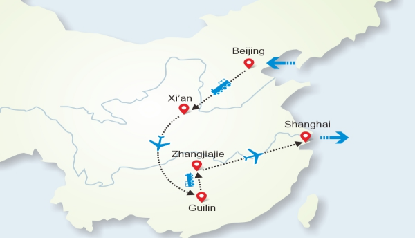 Trip Route Map Beijing‑Xi’an‑Guilin‑Zhangjiajie‑Shanghai